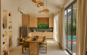 3 Bedroom Kitchen & Dining Space at Earthy & Minimalist Bedroom Design Seré Resort Goa - Private Pool Villa Resort in Vagator, North Goa